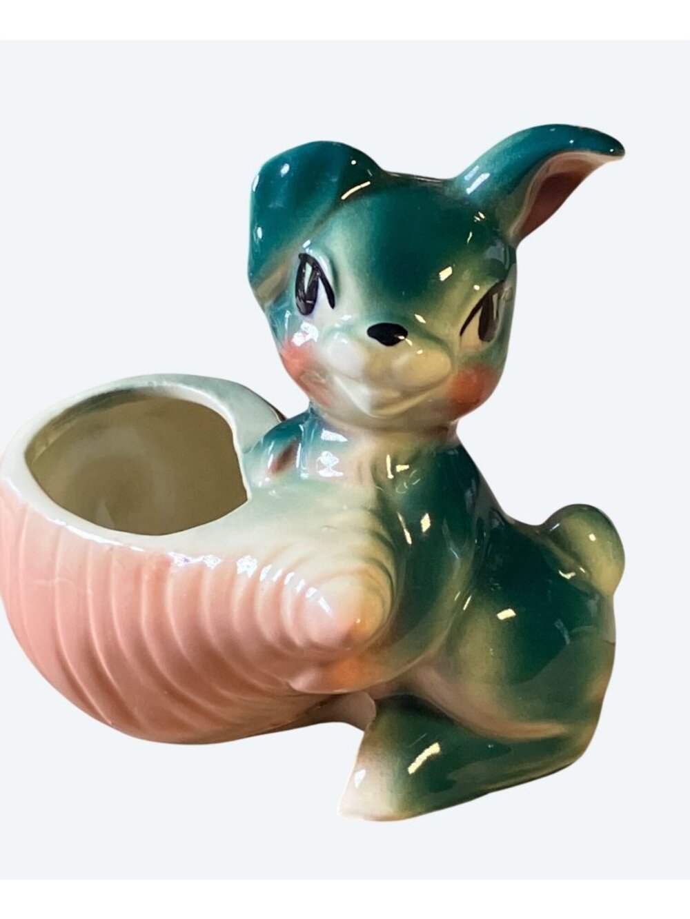 Rabbit Planter Figurine Vintage USA Pottery Green and Peach Ceramic  Marked 703